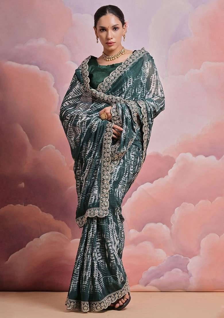 Green Embroidered Blended Saree Set for Diwali and Festive Wear - Indya