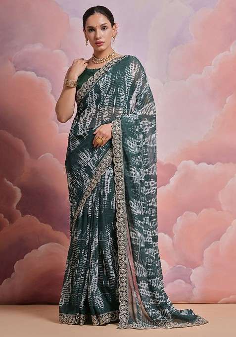 Green Embroidered Blended Saree Set for Diwali and Festive Wear