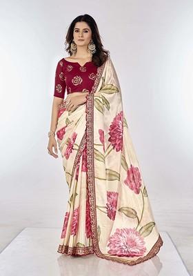 Off White Floral Print Blended Saree Set