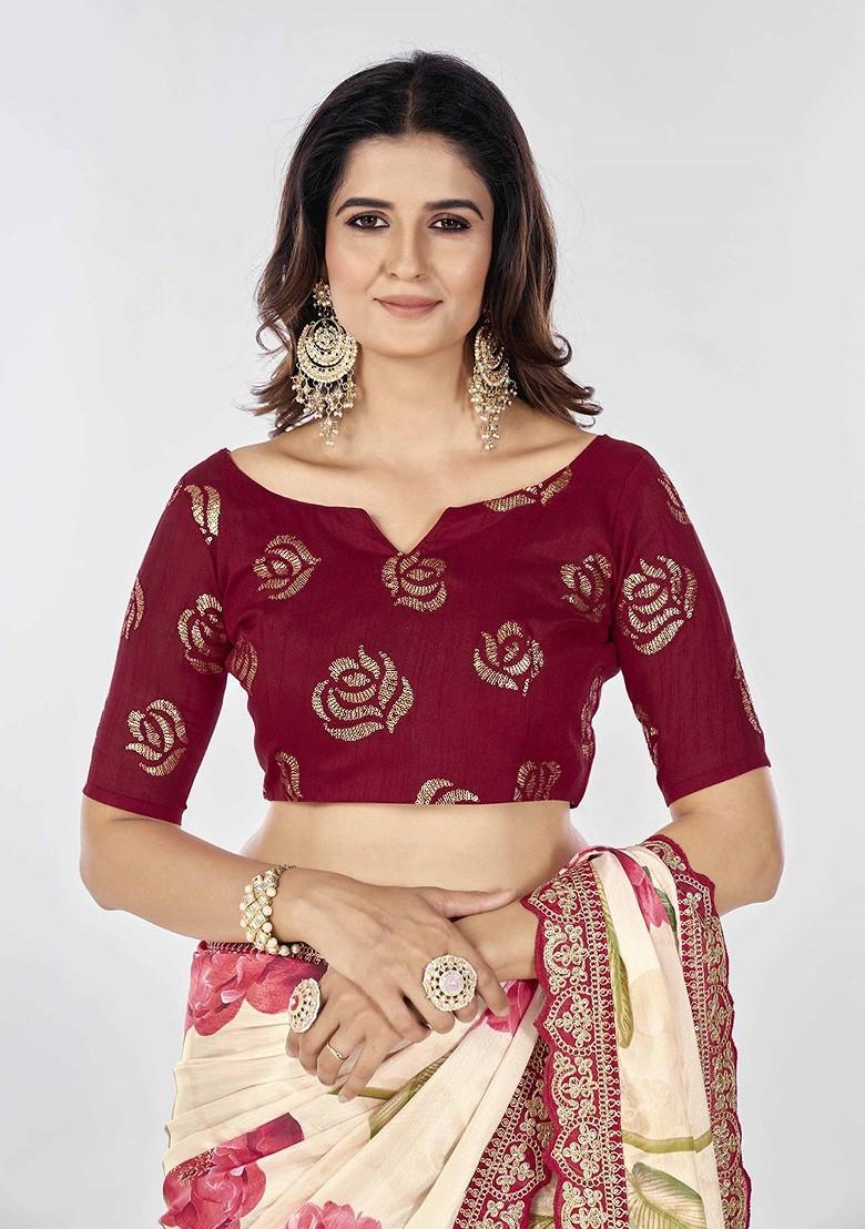 Off White Floral Print Blended Saree Set - Indya