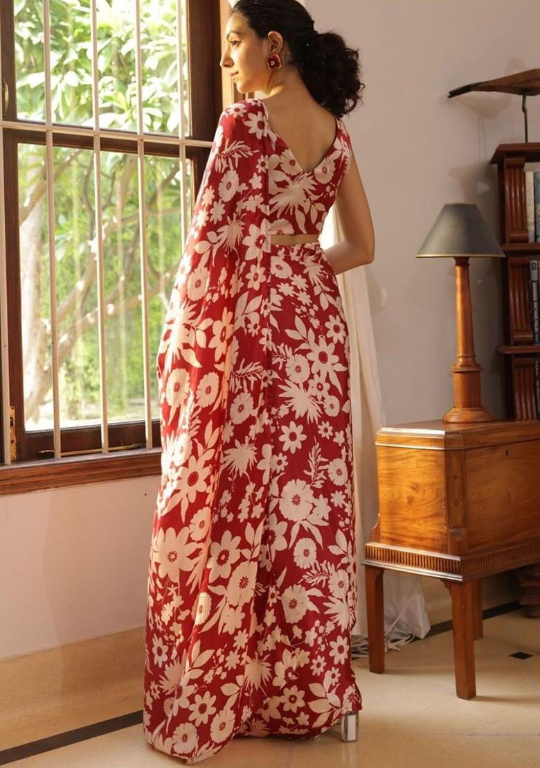 Red Printed Blended Saree Set - Indya