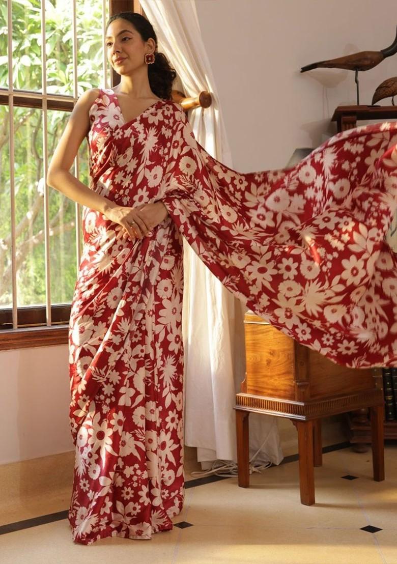 Red Printed Blended Saree Set - Indya