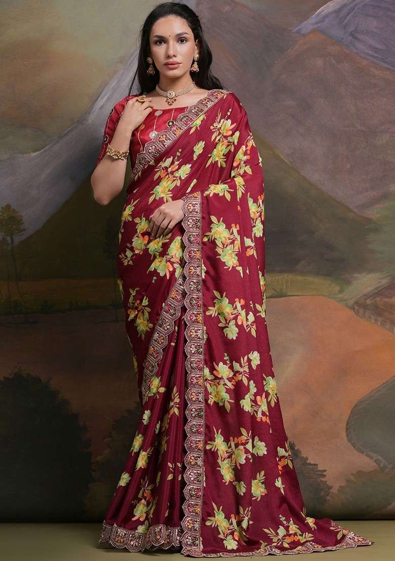 Maroon Blended Saree Set with Printed for Diwali | Wedding & Festive Wear - Indya
