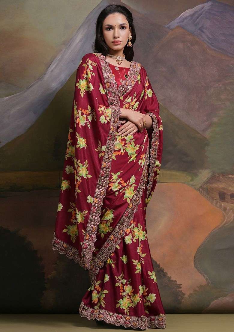 Maroon Blended Saree Set with Printed for Diwali | Wedding & Festive Wear - Indya