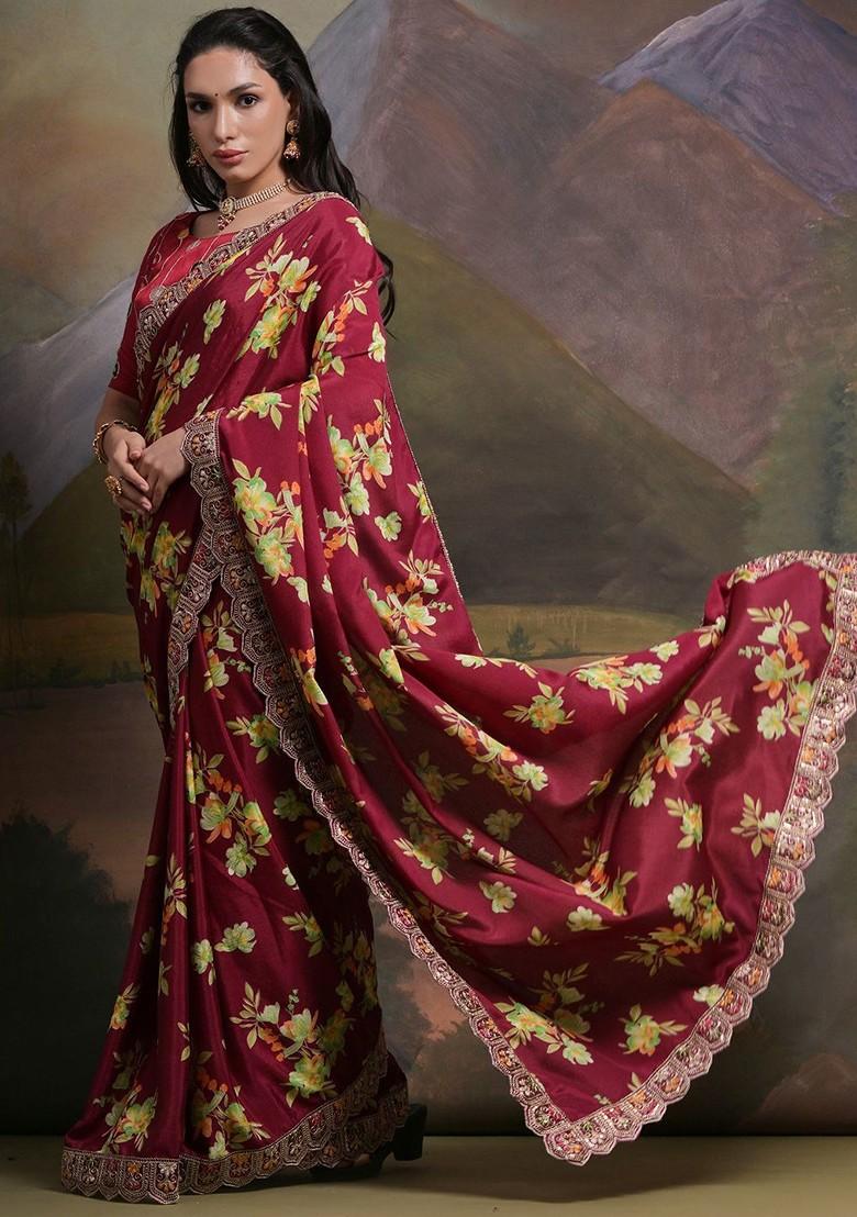 Maroon Printed Blended Saree Set - Indya