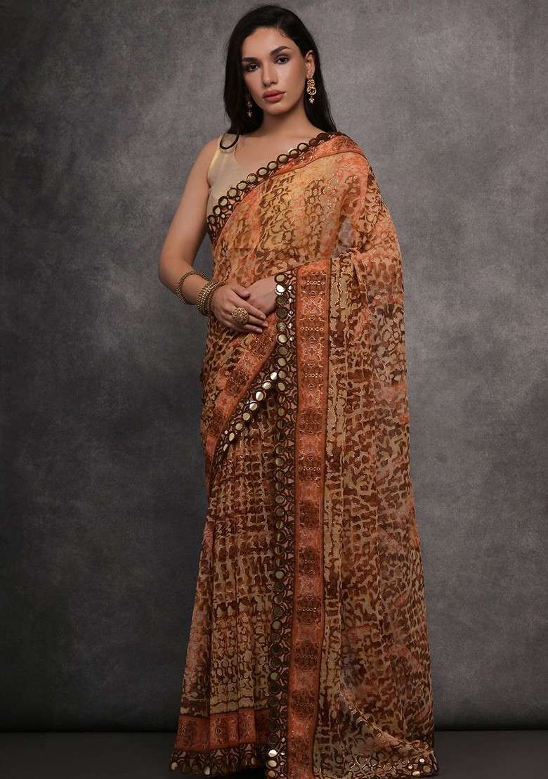 Orange Blended Saree Set with Printed for Diwali | Wedding & Festive Wear - Indya