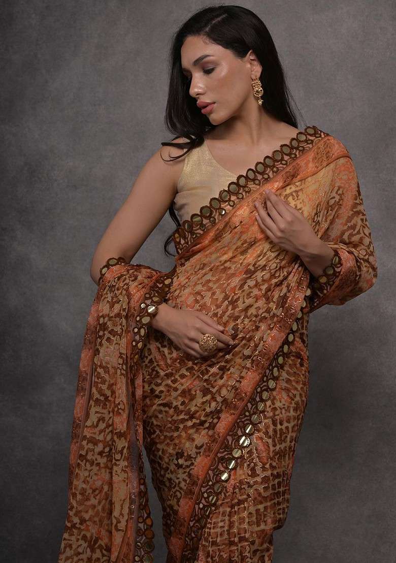 Orange Blended Saree Set with Printed for Diwali | Wedding & Festive Wear - Indya
