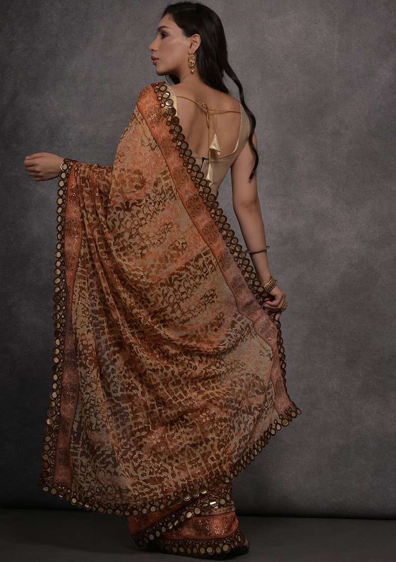 Orange Blended Saree Set with Printed for Diwali | Wedding & Festive Wear - Indya