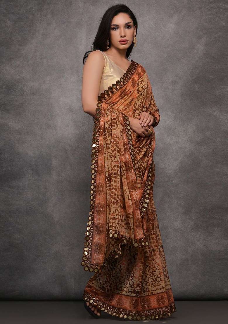 Orange Blended Saree Set with Printed for Diwali | Wedding & Festive Wear - Indya