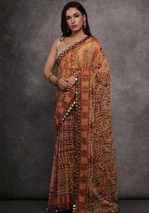 Orange Blended Saree Set with Printed for Diwali | Wedding & Festive Wear