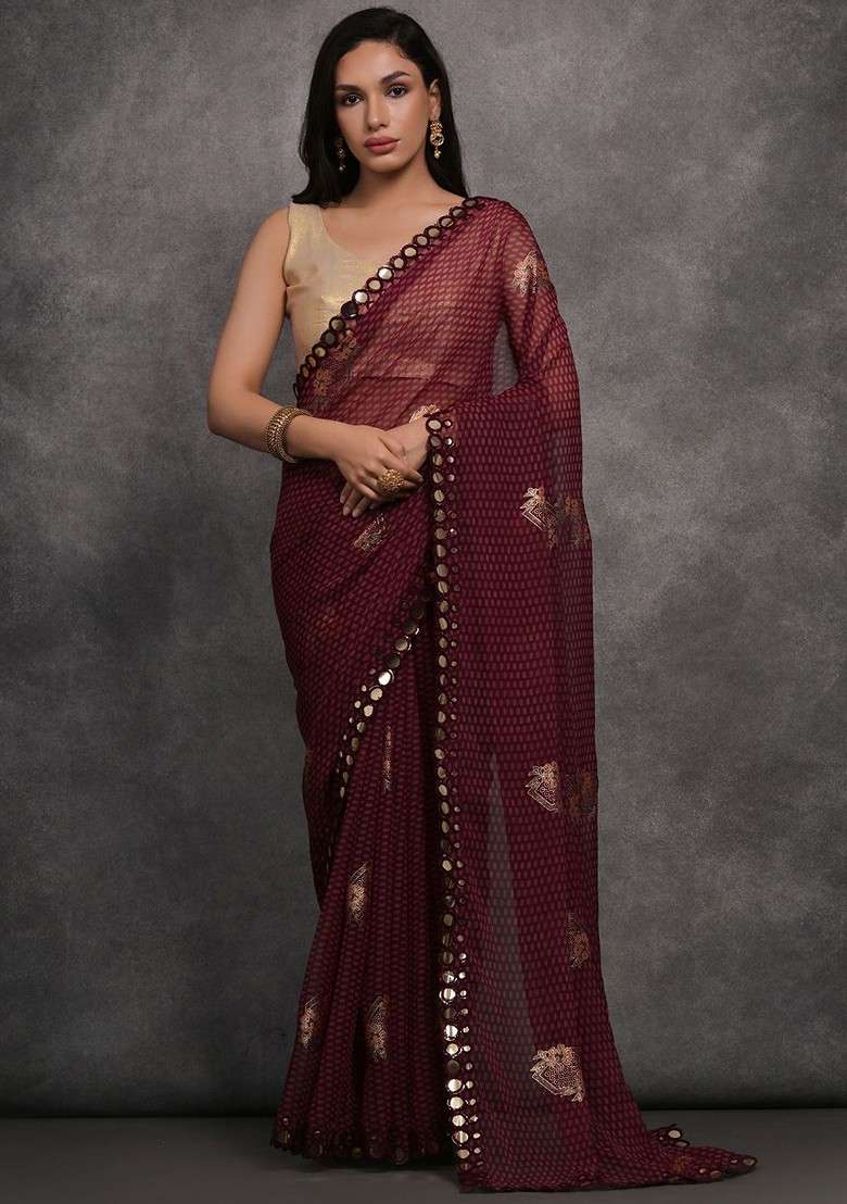 Maroon Blended Saree Set with Printed for Diwali | Wedding & Festive Wear - Indya