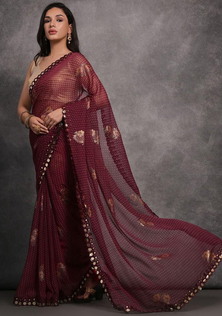 Maroon Printed Blended Saree Set - Indya