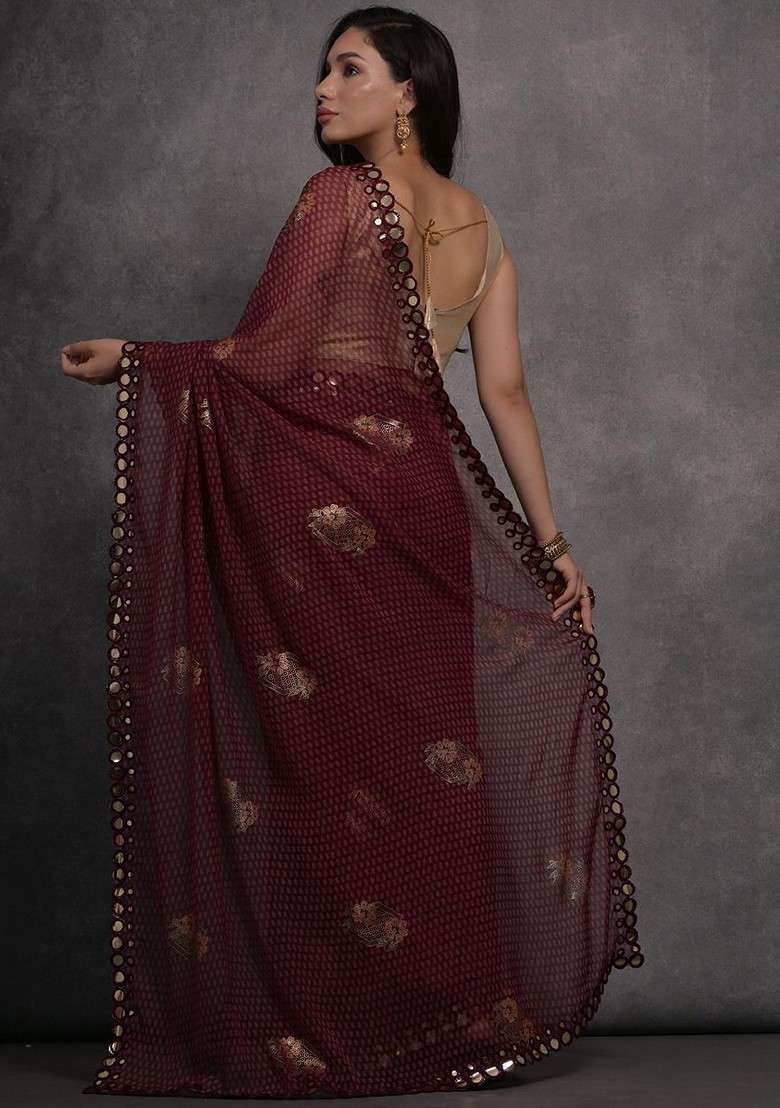 Maroon Blended Saree Set with Printed for Diwali | Wedding & Festive Wear - Indya