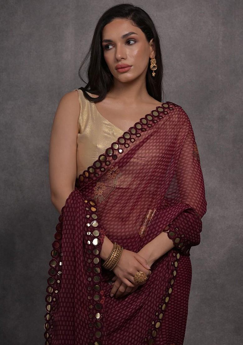 Maroon Printed Blended Saree Set - Indya