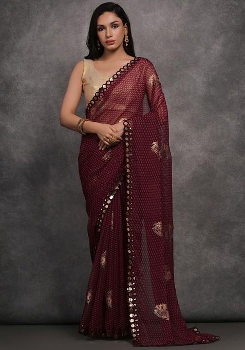 Maroon Printed Blended Saree Set
