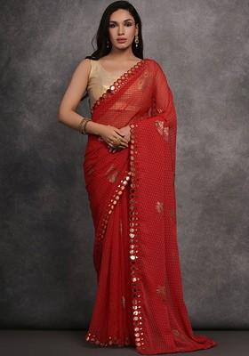 Red Printed Blended Saree Set