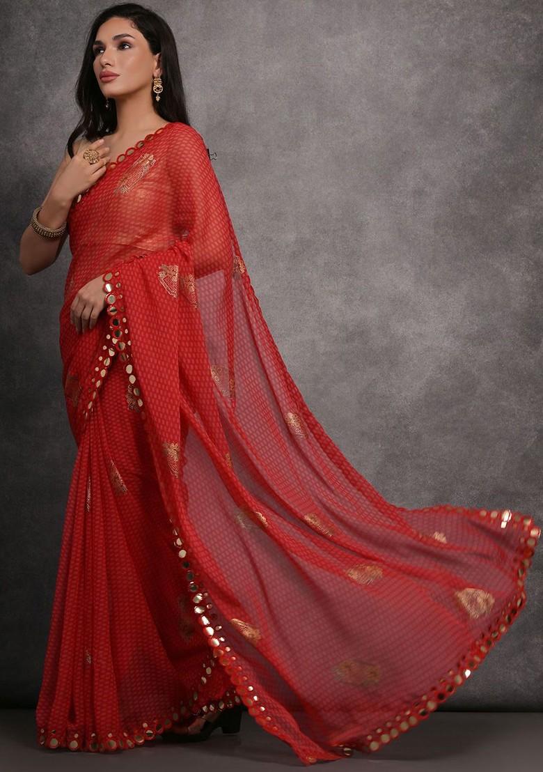 Red Printed Blended Saree Set - Indya