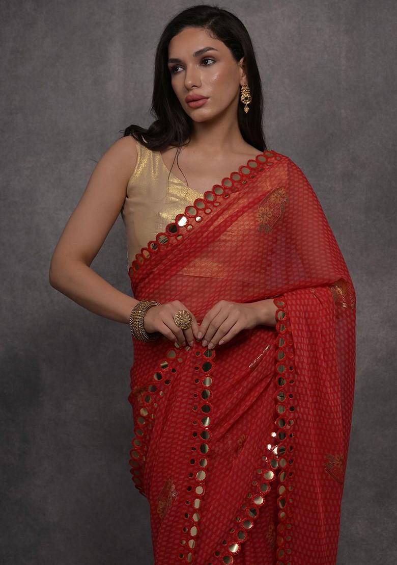 Red Printed Blended Saree Set - Indya