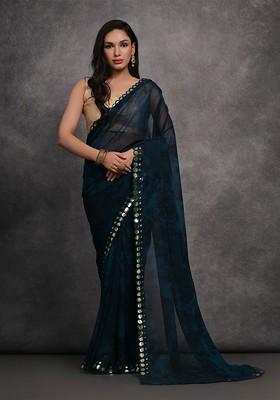 Blue Embroidered Blended Saree Set