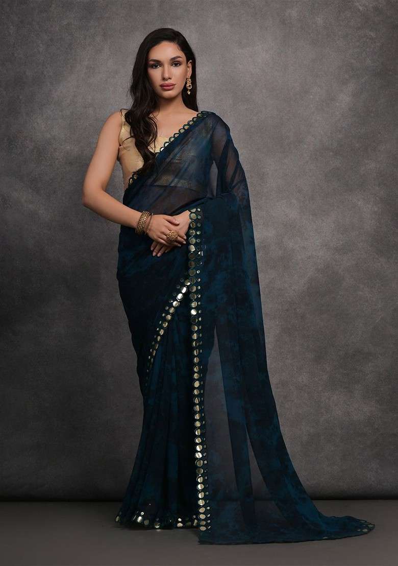 Blue Blended Saree Set with Embroidered for Diwali | Wedding & Festive Wear - Indya