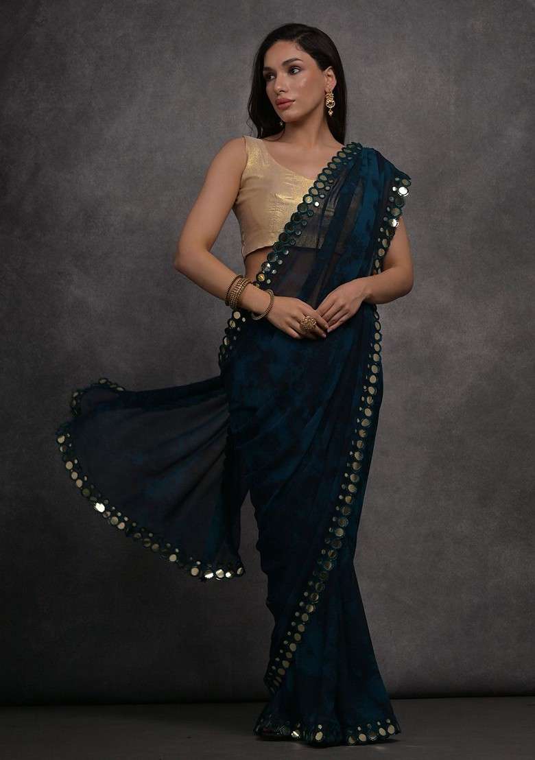 Blue Blended Saree Set with Embroidered for Diwali | Wedding & Festive Wear - Indya