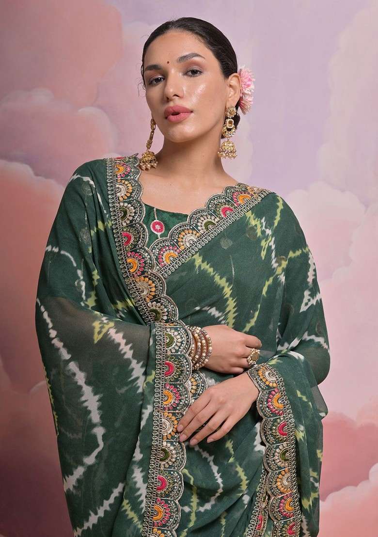 Green Blended Saree Set with Embroidered for Diwali | Wedding & Festive Wear - Indya