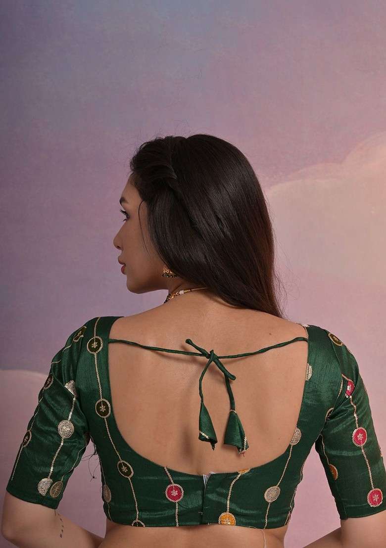 Green Blended Saree Set with Embroidered for Diwali | Wedding & Festive Wear - Indya