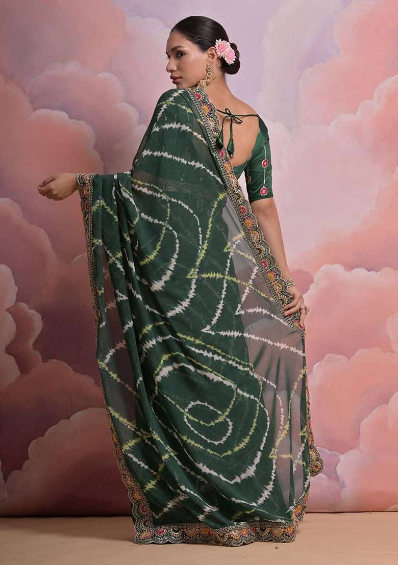 Green Blended Saree Set with Embroidered for Diwali | Wedding & Festive Wear - Indya