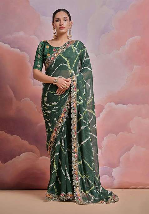 Green Blended Saree Set with Embroidered for Diwali | Wedding & Festive Wear