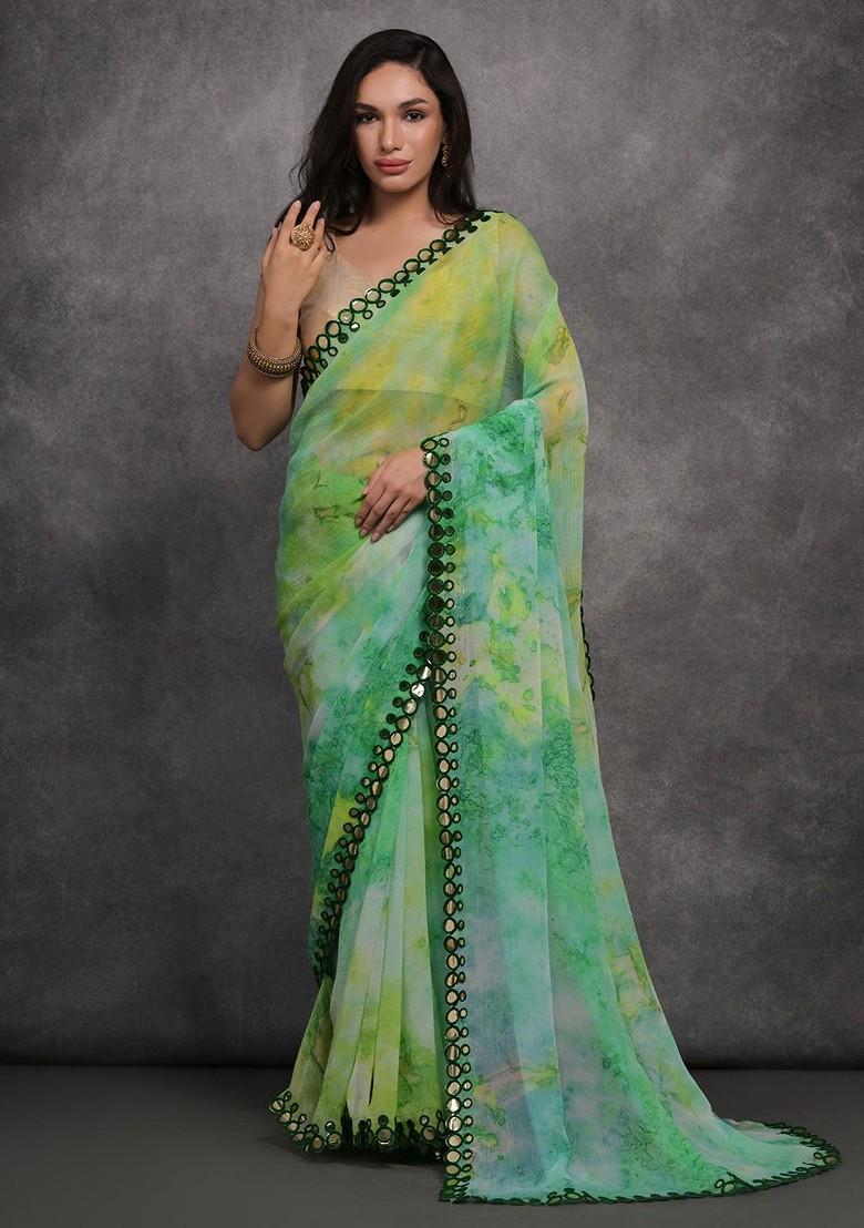 Green Embroidered Blended Saree Set - Indya