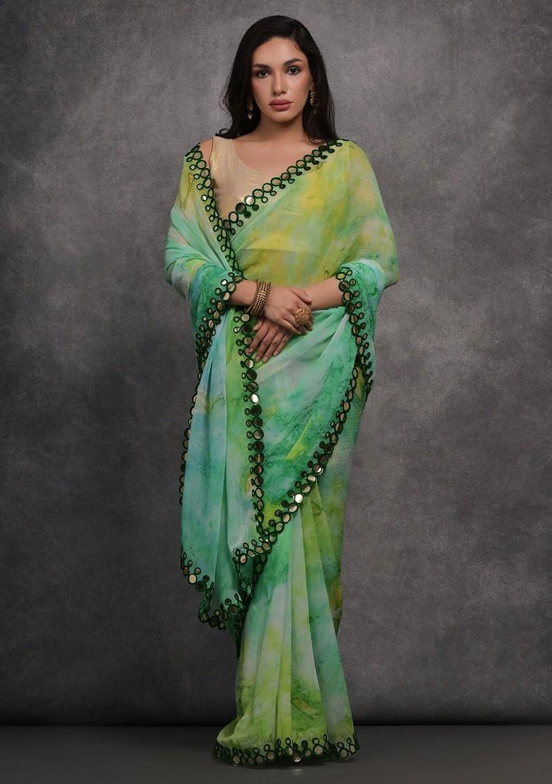 Green Embroidered Blended Saree Set - Indya