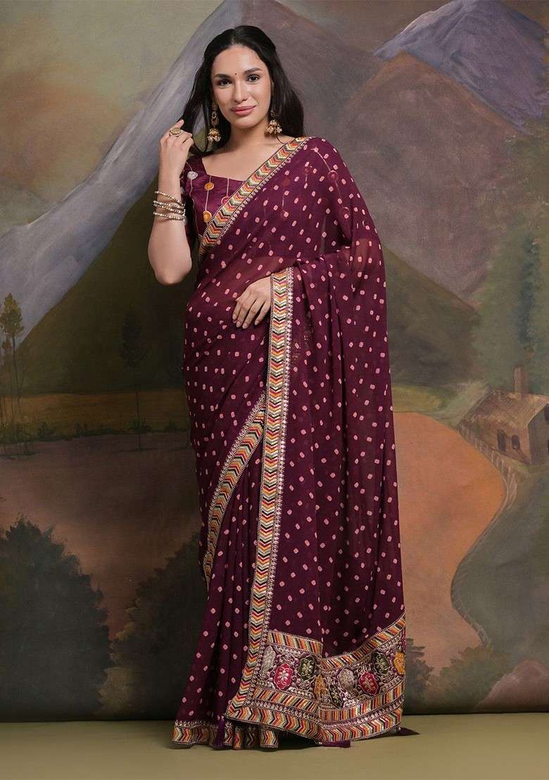 Burgundy Printed Blended Saree Set for Diwali and Festive Wear - Indya