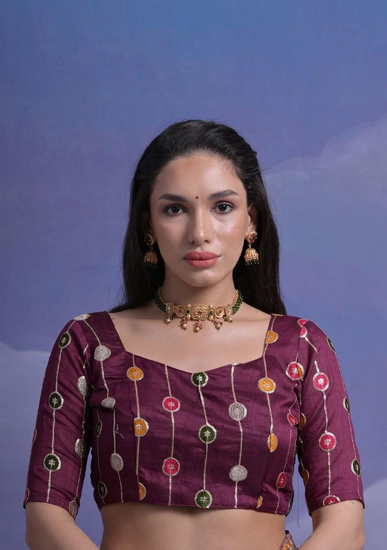 Burgundy Printed Blended Saree Set - Indya