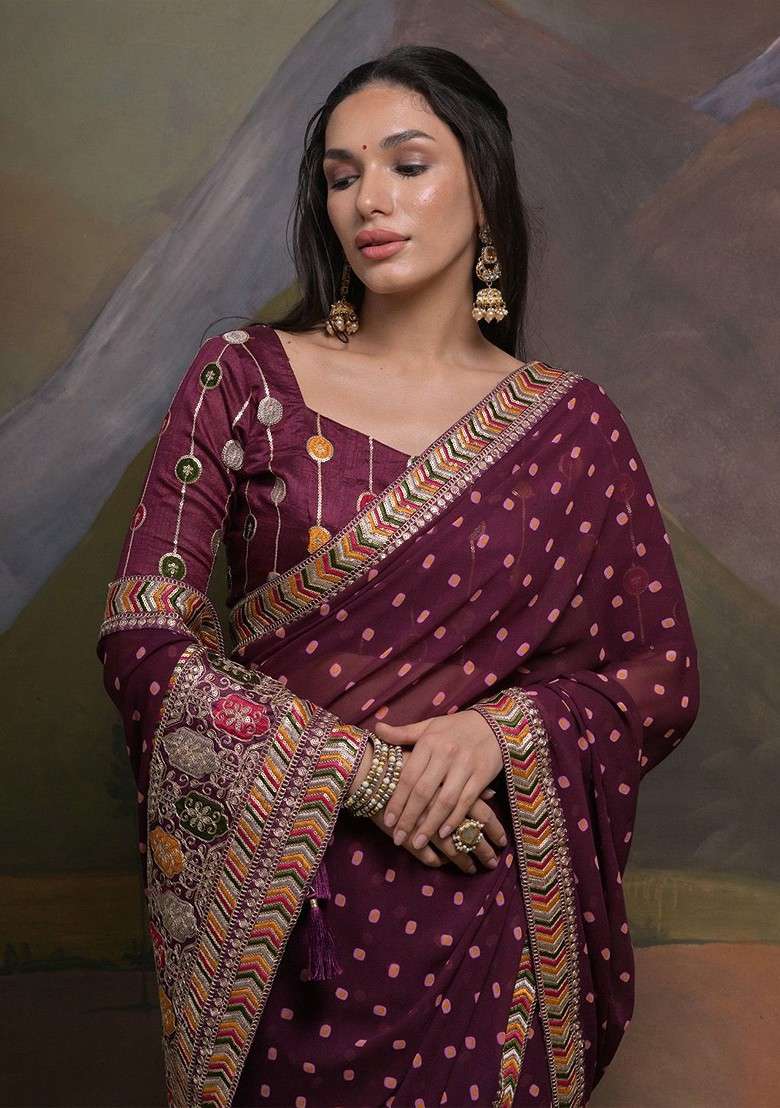 Burgundy Printed Blended Saree Set for Diwali and Festive Wear - Indya