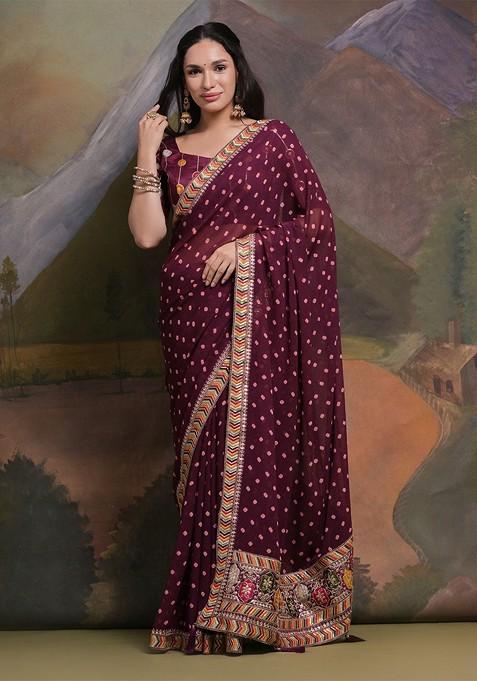 Burgundy Printed Blended Saree Set