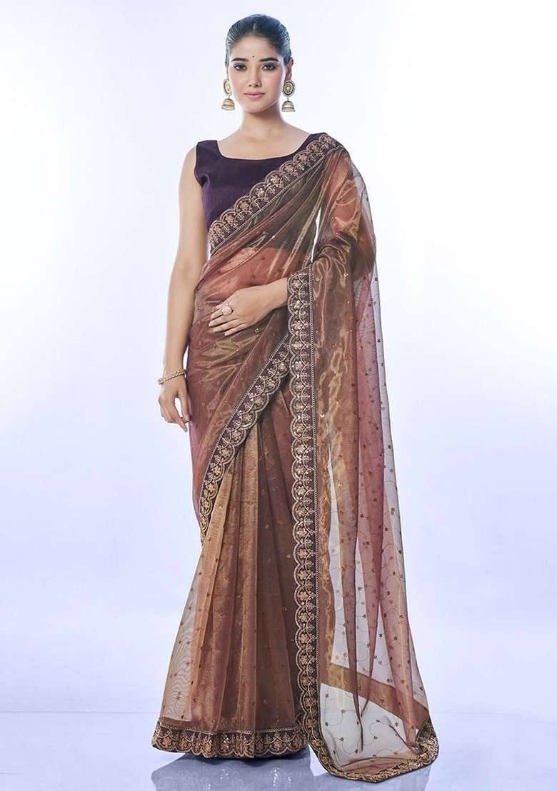 Brown Embellished Blended Saree Set for Diwali and Festive Wear - Indya