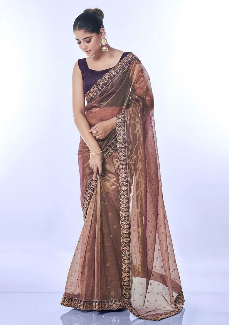 Brown Embellished Blended Saree Set - Indya