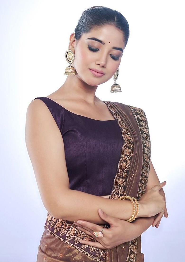 Brown Embellished Blended Saree Set - Indya