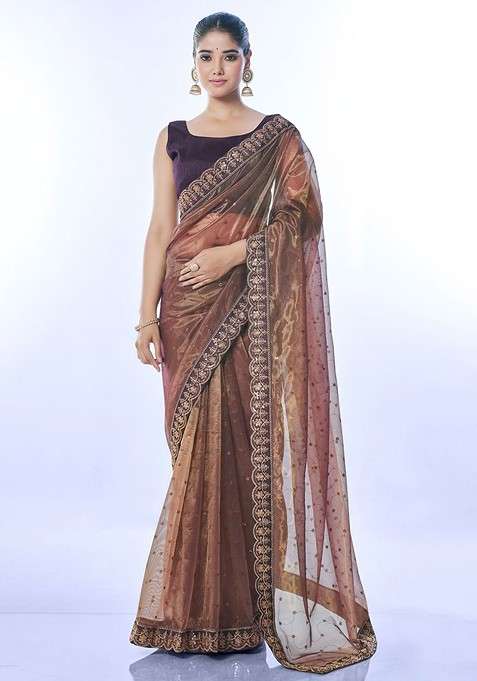 Brown Embellished Blended Saree Set for Diwali and Festive Wear