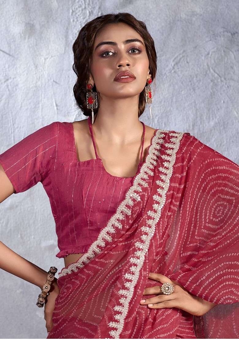 Red Blended Saree Set with Sequinned for Diwali | Wedding & Festive Wear - Indya