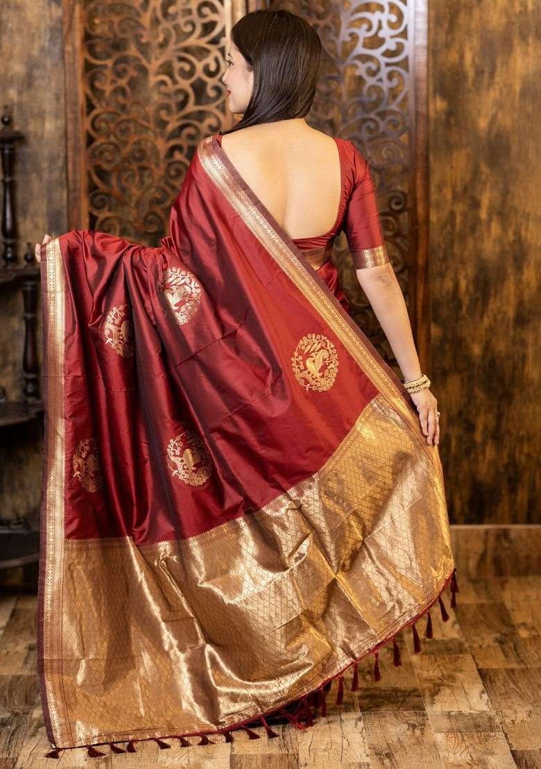 Maroon Zari Blended Saree Set with Printed for Diwali | Wedding & Festive Wear - Indya