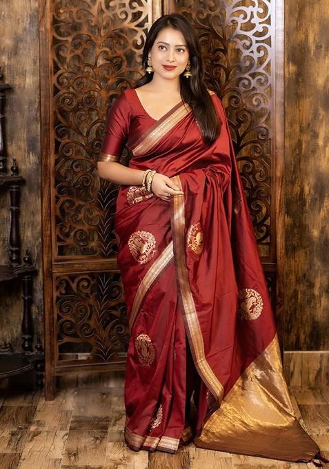 Maroon Zari Printed Blended Saree Set