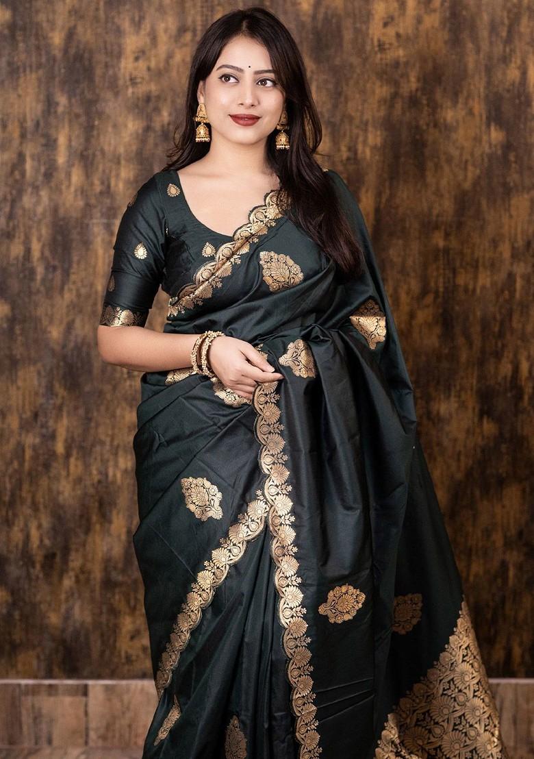 Green Embroidered Blended Saree Set - Indya