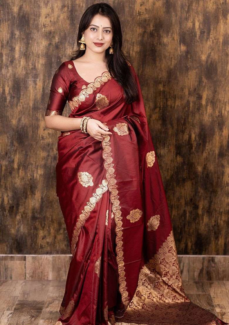 Maroon Embroidered Blended Saree Set for Diwali and Festive Wear - Indya