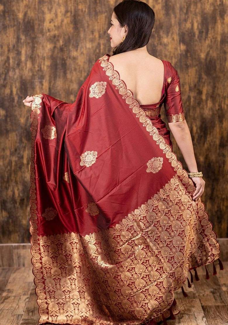 Maroon Embroidered Blended Saree Set for Diwali and Festive Wear - Indya