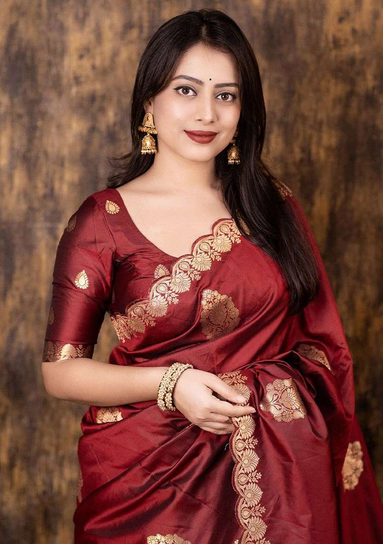 Maroon Embroidered Blended Saree Set for Diwali and Festive Wear - Indya