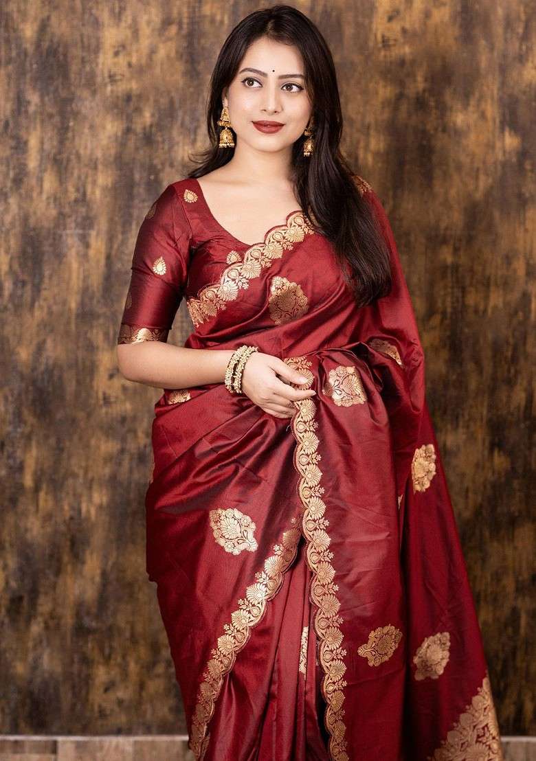 Maroon Embroidered Blended Saree Set for Diwali and Festive Wear - Indya