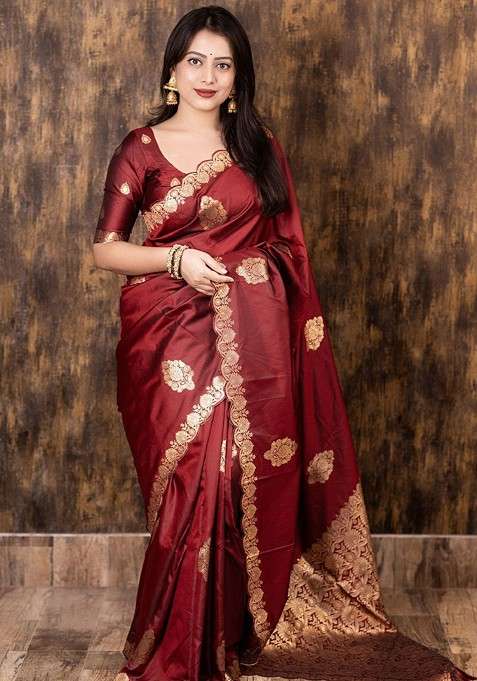 Maroon Embroidered Blended Saree Set for Diwali and Festive Wear