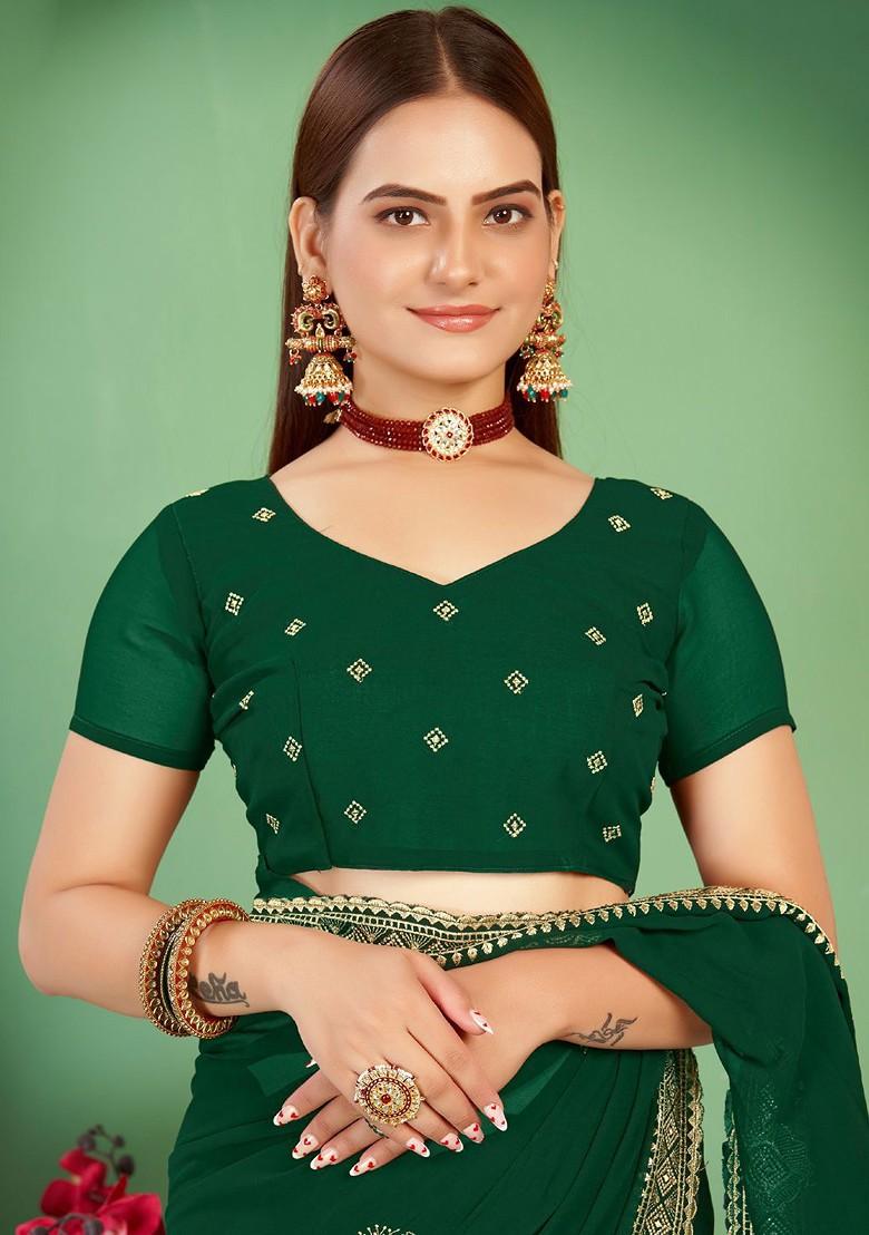 Green Embroidered Blended Saree Set - Indya