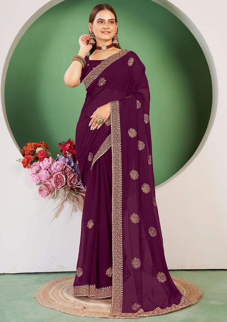 Purple Embroidered Blended Saree Set - Indya